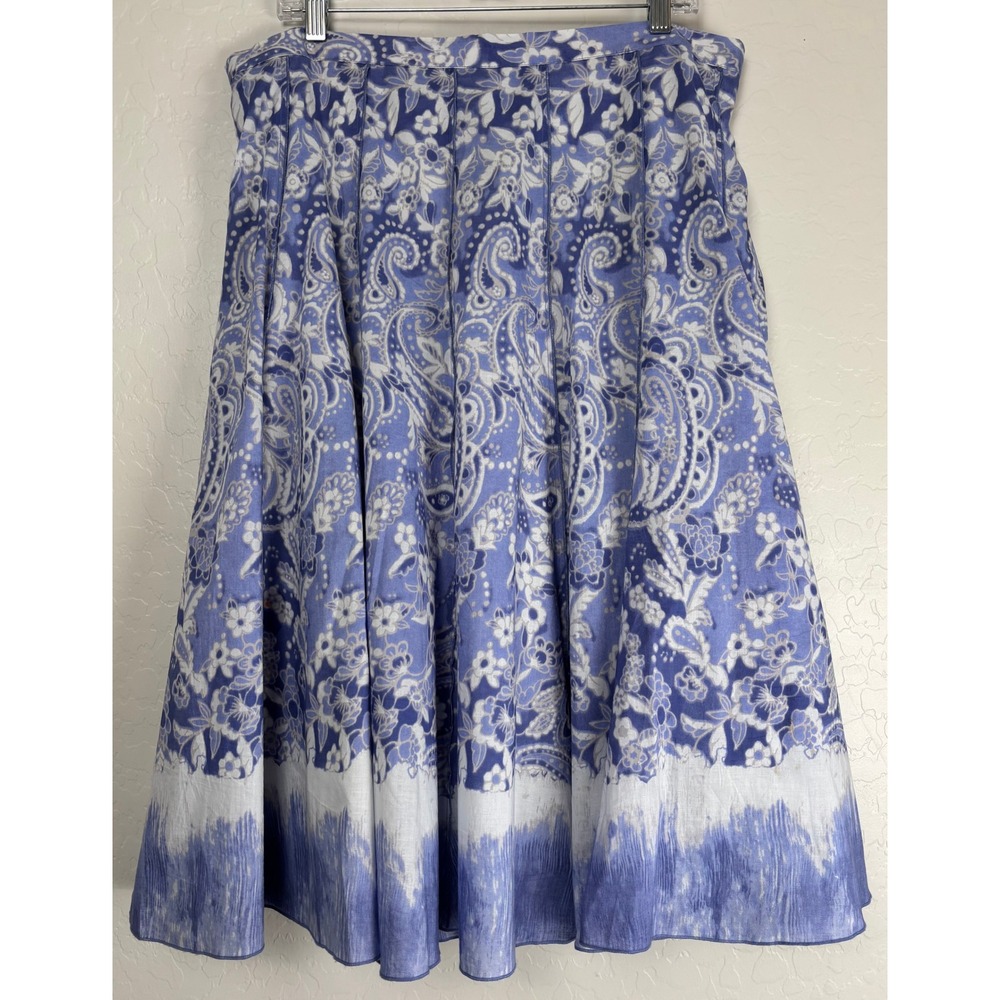 Coldwater Creek Blue White Paisley Floral Pleated Cotton A-Line Skirt 1X 2115